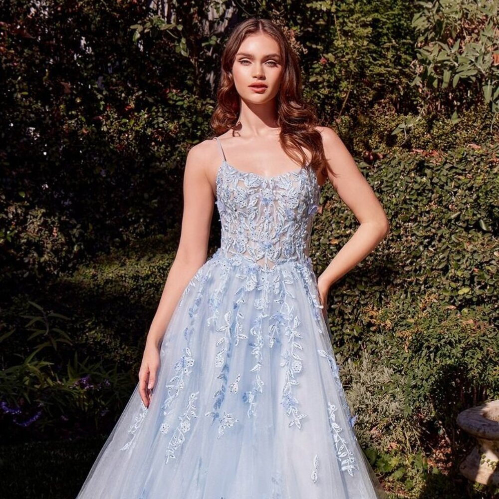 New A-Line Floral Tulle Gown w/ Rhinestones Embroidery & Layered Skirt CD A1437